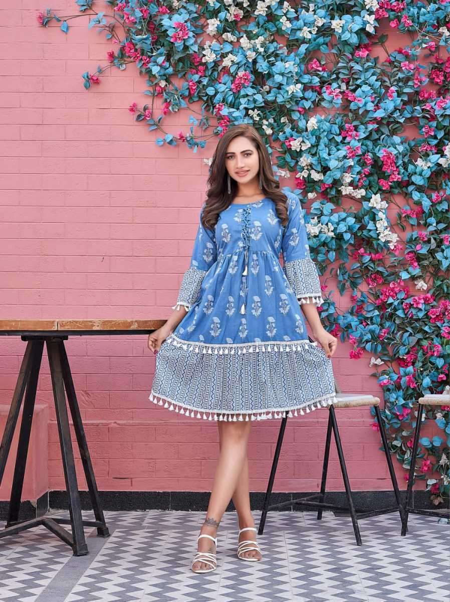 FUSION KURTI BY TIPS TOPS DESIGNER WITH PRINTED AND WORK COTTON SHORT KURTIS ARE AVAILABLE AT WHOLESALE PRICE